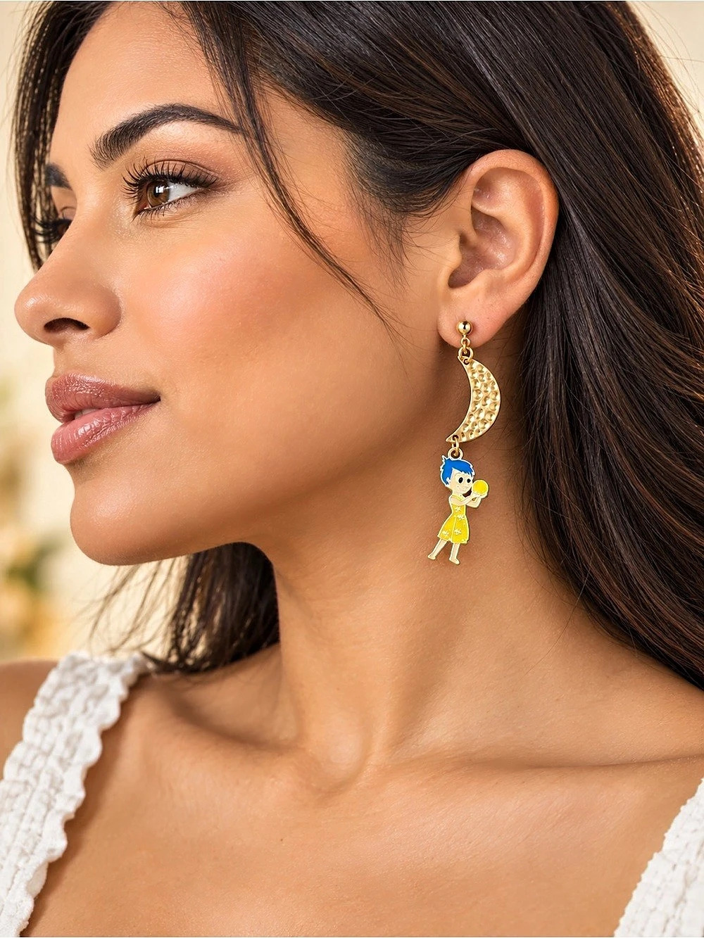 NWT Handmade Joy-Inspired Crescent Moon Dangle Earrings Gold Tone